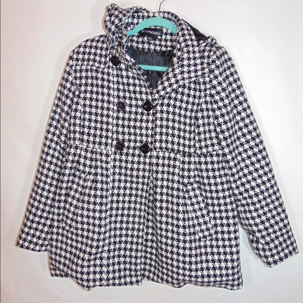 Black & White Girls Hooded Peacoat